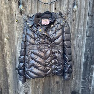 🔴Juicy Couture Black Full-Zip Button Front Hooded Quilted Puffer Jacket Faux Fur